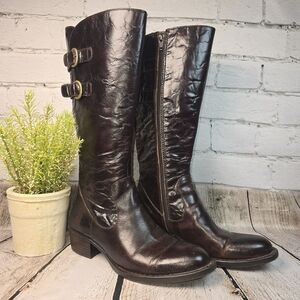 BORN GIBB KNEE HIGH RIDING BOOTS CHERRY BROWN HEELED SIDE ZIP WOMENS 7.5 EUC